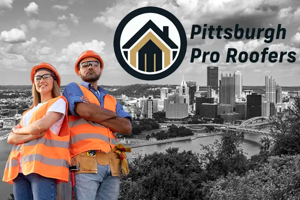 Roofing team standing in front of the Pittsburgh, PA skyline